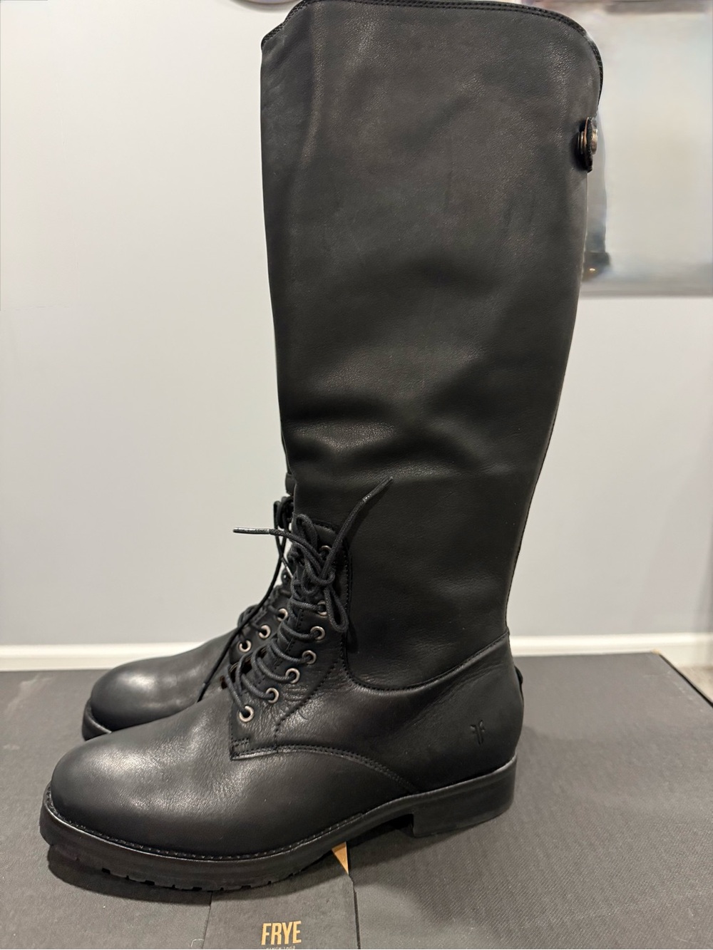 Frye Black Leather Tall Lace-Up back zip Riding Boots